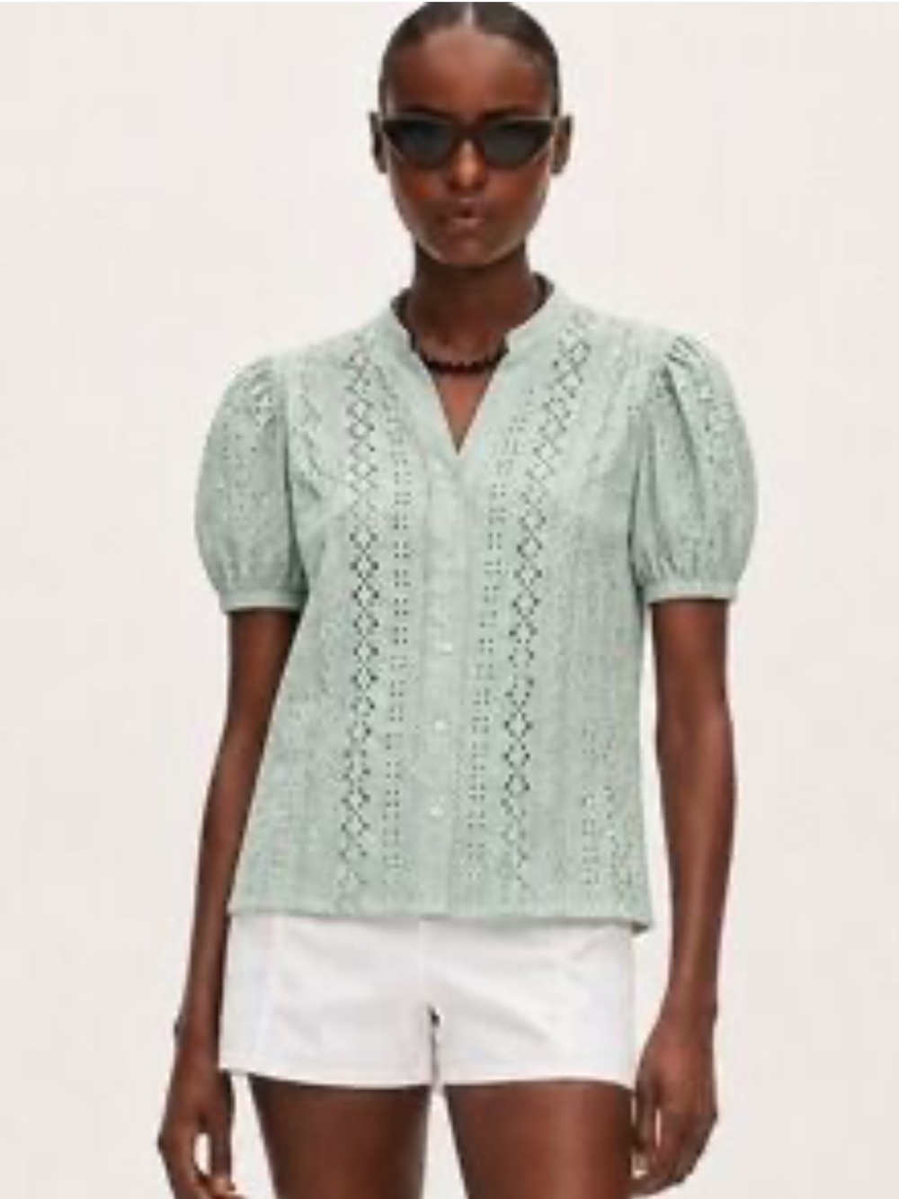 Puff-Sleeve Eyelet Button-Front Blouse in Mint